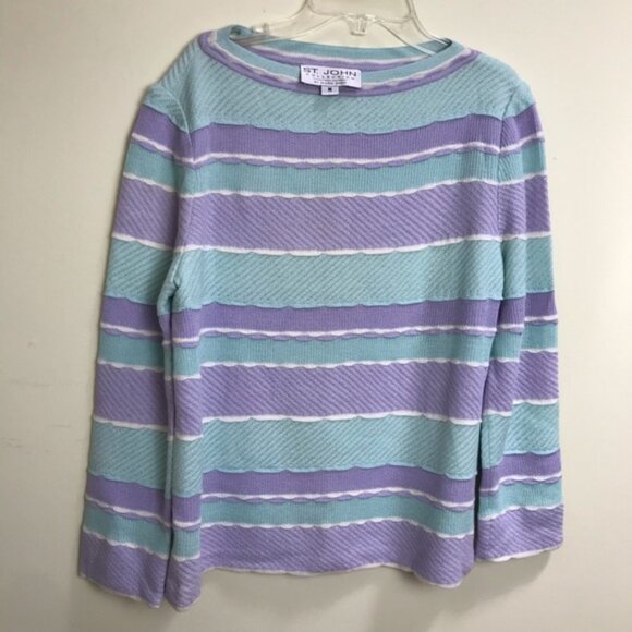 St. John Vintage Pastel Striped Scalloped Textured Sweater Crew Neck Top Knit M - Picture 3 of 13